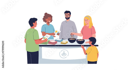 Community volunteers serving food to people at a donation or charity event