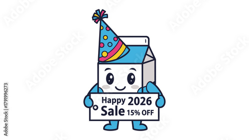 Festive Dairy Delight: An animated milk carton joyfully embodies the spirit of celebration, bedecked with a party hat and a sign advertising a special sale.