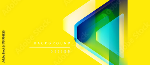 Bright yellow backdrop features overlapping translucent geometric shapes. Modern design elements create dynamic visual effect. Text reads background design.