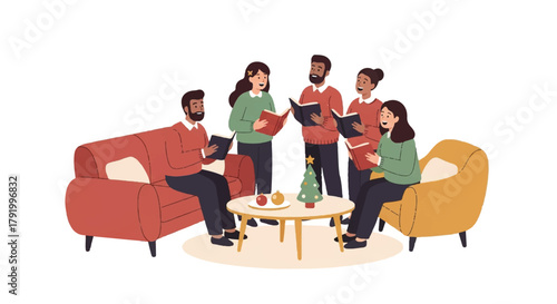 A Diverse Group of People Singing Christmas Carols Together at Home