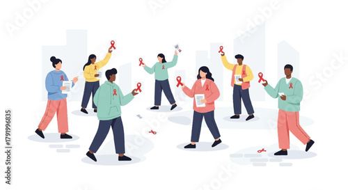 Diverse group of people holding red ribbons, symbolizing awareness and support for health causes like World AIDS Day