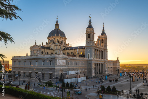 Almudena Cathedral, a Catholic cathedral in Madrid, Spain at dusk