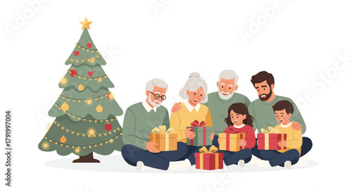 Illustration of a multi-generational family sitting around a decorated Christmas tree with gifts on a plain white background.