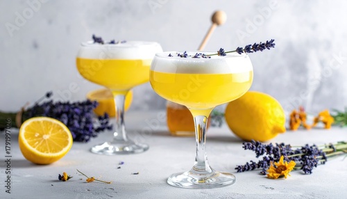Two yellow cocktails with lavender sprigs