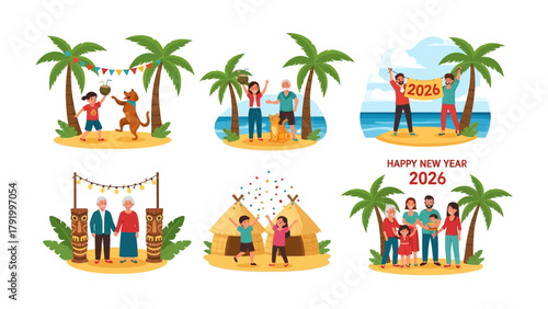 Tropical New Year's Celebrations: Festive illustrations capture the spirit of celebrating the new year in tropical locations, with families enjoying themselves under the palm trees. 