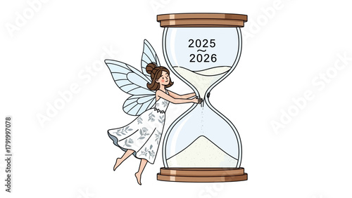 Time's Whispers: A whimsical illustration showcases a fairy embracing an hourglass, with the numbers 2025 and 2026. The scene subtly narrates the passage of time.