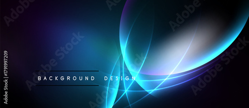Dark background features vibrant blue curves, glowing lines. Modern design evokes energy, motion, futuristic aesthetic. Minimalist text present.