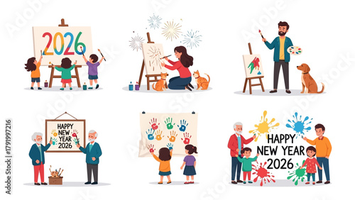 A Colorful Canvas of New Beginnings: Diverse family portraits creating a harmonious tapestry of artistic expression and new year celebration.