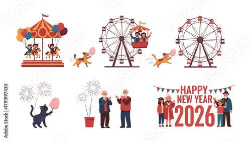 New Year Celebration: Set of festive illustrations capturing joy and anticipation, features a carousel, Ferris wheels, a family scene, fireworks, and a greeting card.