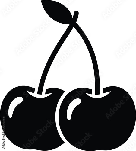 Simple black silhouette of two cherries connected by stems and a leaf