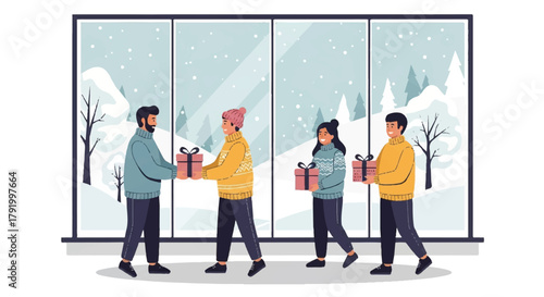 Illustration of four people walking in a row carrying wrapped gifts in front of a large window with a snowy landscape view.