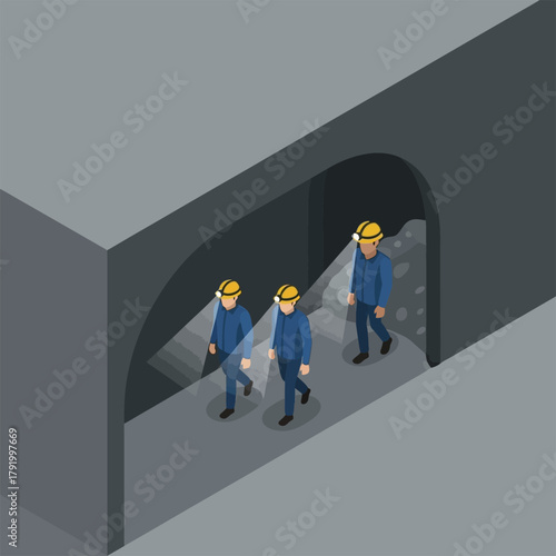 Three miners in hard hats and work clothes walking into a dark mine shaft entrance.
