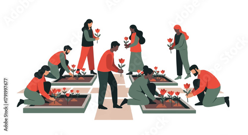Community gardening brings diverse people together to plant flowers and cultivate nature