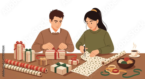 Couple wrapping gifts with festive paper, creating holiday presents, and sharing a moment together