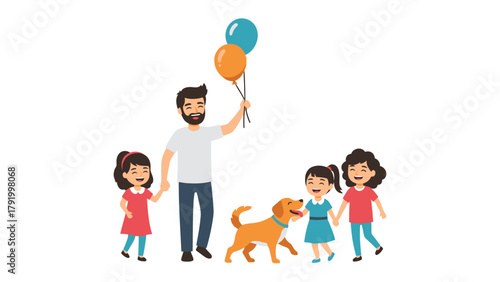 Family walk with Balloons: A happy family walks together, the father holding balloons, their smiles radiate warmth and joy, symbolizing togetherness and shared moments.
