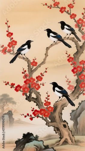 Gongbi style painting in the high court style, depicting magpies perched on red plum blossoms, symbolizing joyful news.
