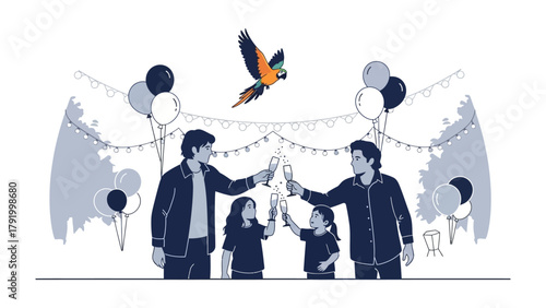 Celebration Toast with Parrot: A joyful family celebrates a special occasion, toasting with champagne glasses under a sky adorned by a vibrant parrot, signifying togetherness.