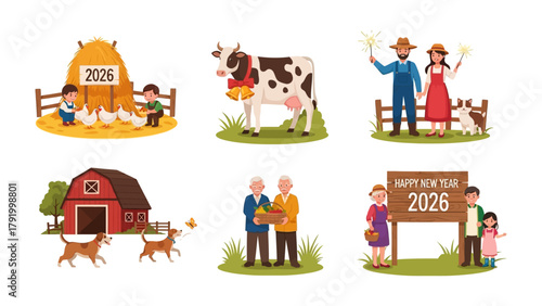 Farm Life Celebration: A vibrant illustration showcasing the joys of farm life, featuring a diverse collection of images celebrating the year 2026.