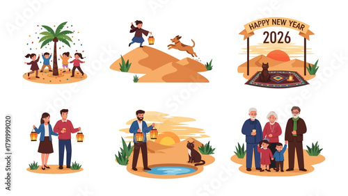 Cultural New Year Celebrations: Festive illustrations portraying heartwarming moments, reflecting the rich traditions and joyful gatherings associated with new year celebrations.