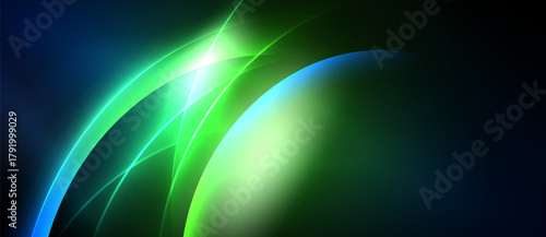 Abstract vibrant curves, luminous green hues blend into deep blues. Bright light radiates from center, creating dynamic energy.