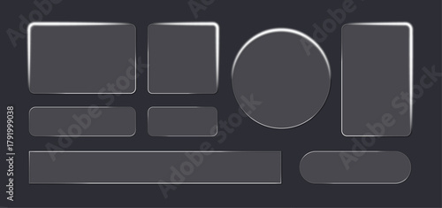 Shiny Liquid Glass Effect Poster & Banner Template, Transparent glass shapes set with soft glowing edges. Realistic clear geometric frames including circle, square, badge, and rounded shapes.