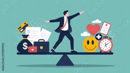 Work Life Balance Concept , Businessman Balancing Between Career and Personal Life in Flat Vector Design