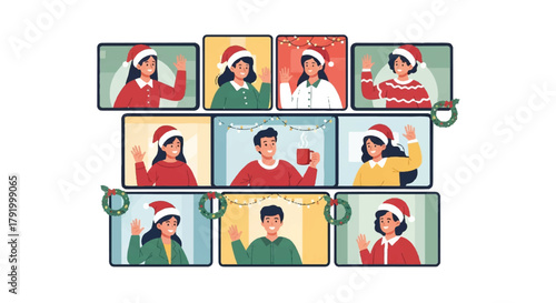 Illustration of nine people on video calls wearing Santa hats, waving and holding drinks in a festive online holiday gathering with a joyful mood on a white background.