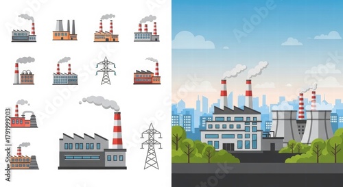 Industrial Landscape Illustration: A compilation of industrial structures, encompassing factories, power plants, and electrical infrastructure.