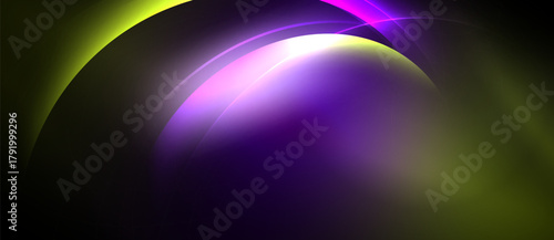 Abstract composition features curved shapes, vibrant colors. Purple, white, yellow blend into dark background. Modern design.