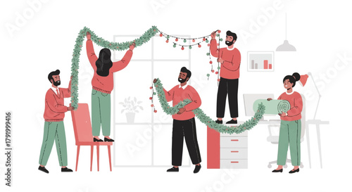 Illustration of a diverse group of people decorating a room with Christmas garlands and lights in a modern office setting with a festive mood.