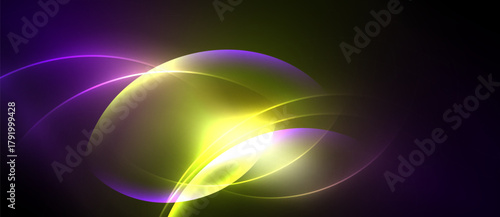 Abstract luminous shapes overlap, creating vibrant yellow, purple glow against dark background. Smooth gradients define flowing forms.