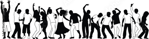 Silhouetted dancers, group dancing, energetic movement, black and white art, expressive poses, rhythm, celebration, unity, joy, creative choreography, artistic motion