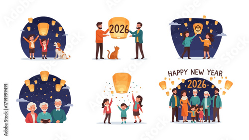 Lanterns of Hope: Joyful families, releasing lanterns into the night sky, light up the beginning of 2026. This vibrant illustration captures a collective wish for prosperity and joy.