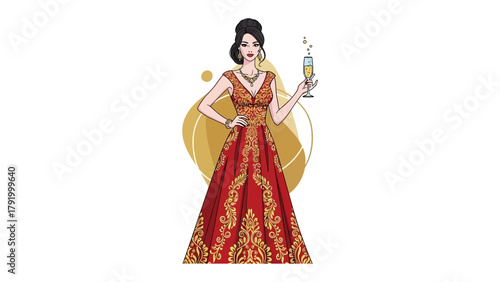 Elegant Woman with Champagne: An elegant woman, dressed in a red gown with intricate golden details, raising a champagne glass, exudes sophistication and celebration.