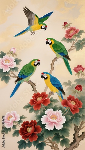 Gongbi style painting in the high court style, showing parrots and peonies together symbolizing prosperity and love.