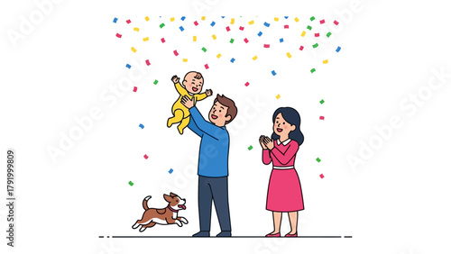Joyful Family Celebration: A father lifts his baby into the air amidst a shower of confetti as the mother looks on with joy, a happy dog running near them, celebrating family moments.