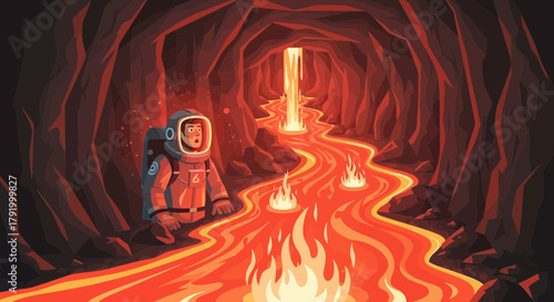 Astronaut's perilous journey through a lava cave, encountering fiery challenges