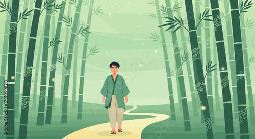 Serene journey: A man's leisurely walk through a peaceful bamboo forest