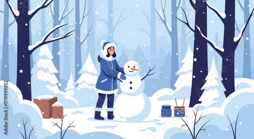 Woman builds snowman in a snowy winter forest scene with bare trees