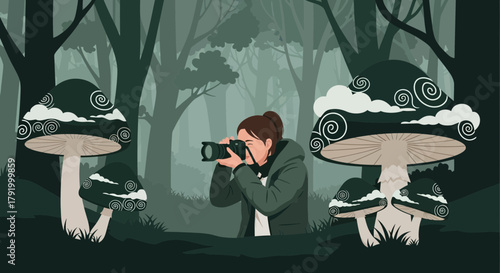 Woman captures enchanting forest with whimsical mushroom formations in artistic style