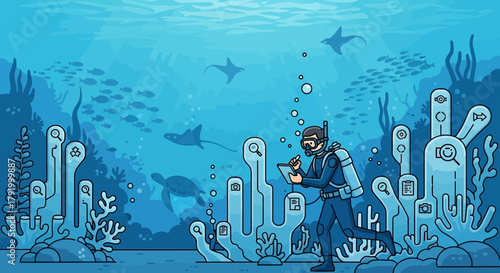 Conceptual illustration of an underwater explorer interacting with digital corals