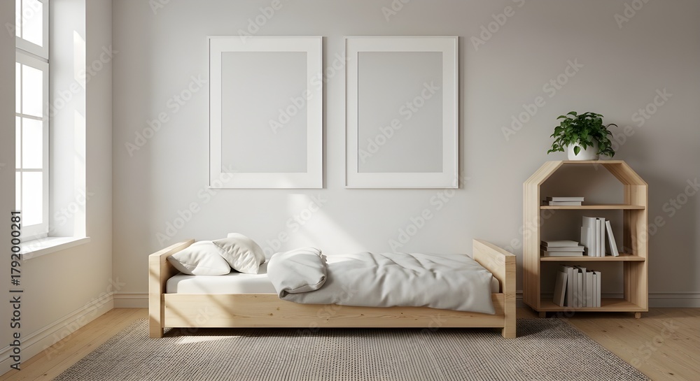 Fototapeta premium Minimalist Children’s Room with Double Frame Mockup