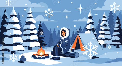 Serene winter camping retreat with cozy campfire and snow covered trees scene
