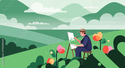 Illustrative depiction of an artist painting an idyllic landscape en plein air