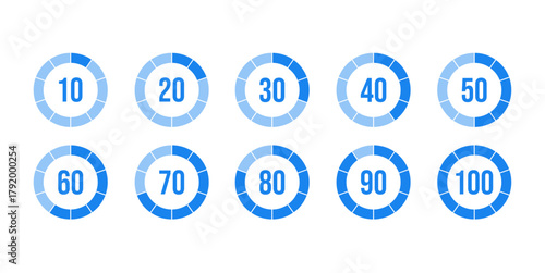 Blue Circular Progress Loaders Vector Icon Set—Percentage Indicators from 10 to 100 for UI/UX Interface.