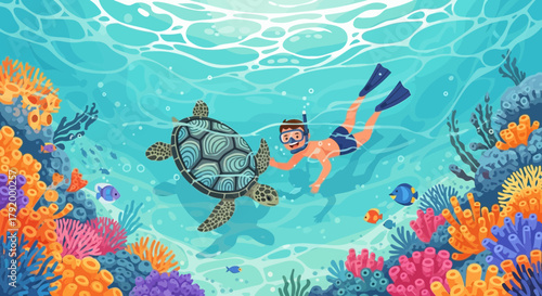 Snorkeling adventure with a sea turtle in a vibrant coral reef environment