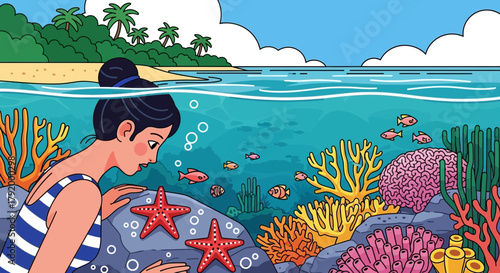 Illustration of a woman snorkeling in a tropical ocean surrounded by marine life