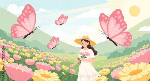 Dreamy floral meadow with butterflies and woman on a sunny day illustration