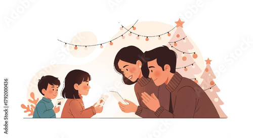 Illustration of a family of four looking at a smartphone together in a festive setting with a Christmas tree and string lights in the background.