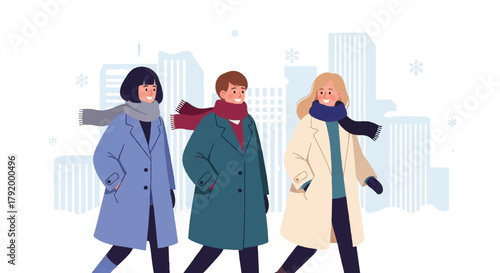 Illustration of three people walking together in winter clothing against a city skyline with a minimalist design.